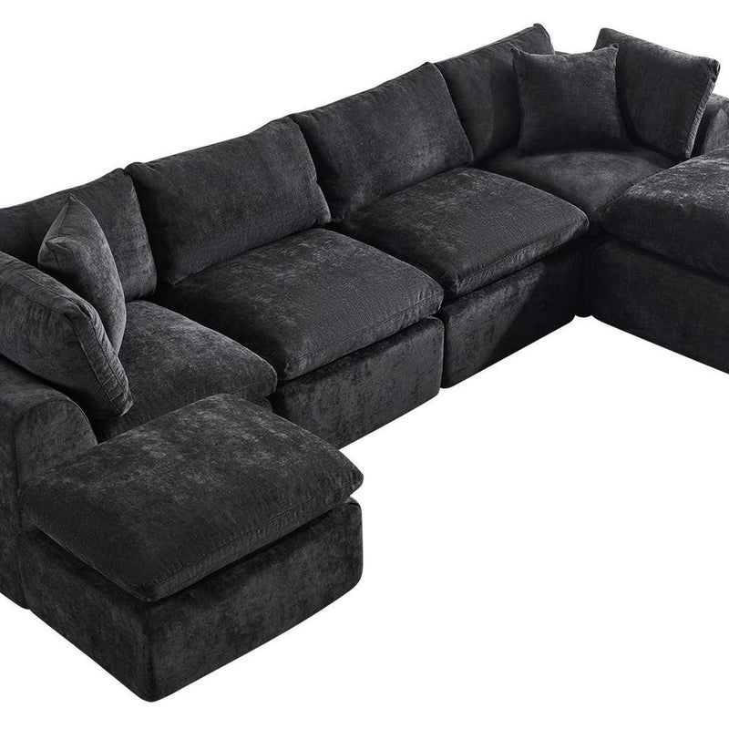 Chenille Modular Sofa With Ottoman And Toss Pillows - Black