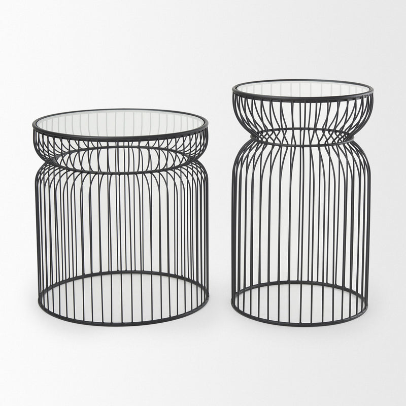 Tempered Glass Metal Wire Round Drum End Tables (Set of 2) - Clear / Black