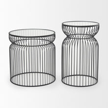 Load image into Gallery viewer, Tempered Glass Metal Wire Round Drum End Tables (Set of 2) - Clear / Black
