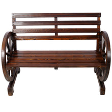 Load image into Gallery viewer, Rustic Country 2 Person Wooden Wagon Wheel Bench With Slatted Seat And Backrest - Brown
