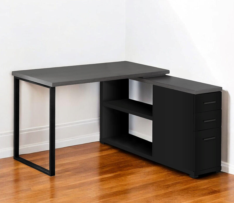 47" L Shape Computer Desk With Three Drawers - Gray And Black