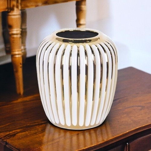 Striped Round Table Vase - White / Gold