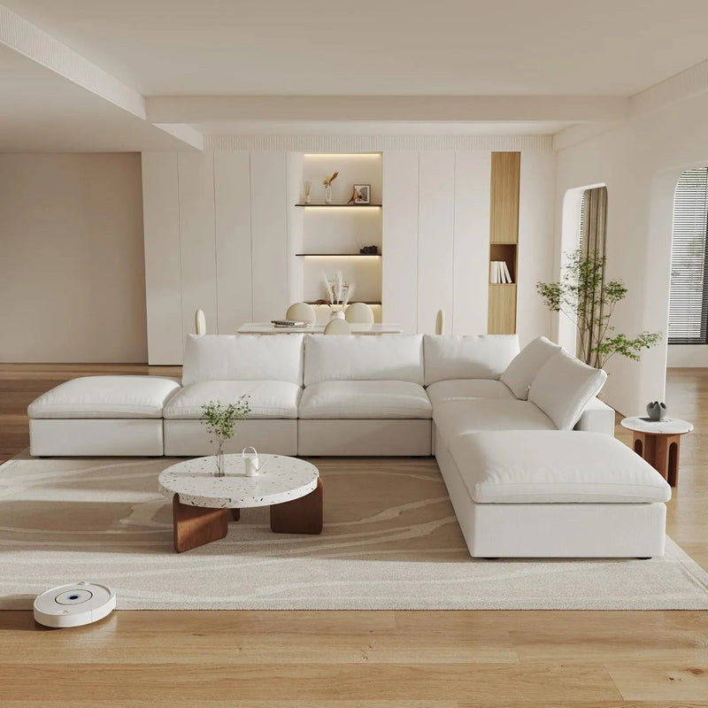 2 Piece Living Room Set Blend Modular Sofa With Ottoman Storage - White