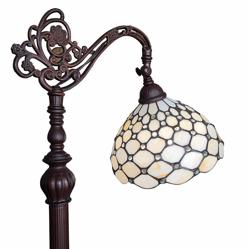 Traditional Shaped Floor Lamp With White Stained Glass Bowl Shade - Brown
