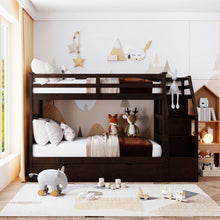 Load image into Gallery viewer, Twin Over Twin Bunk Bed With Twin Size Trundle And 3 Storage Stairs - Espresso
