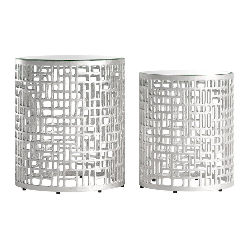 Mirrored Glass Aluminum Round Pedestal End Table - Silver