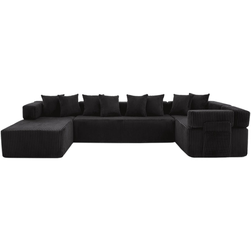 Corduroy Modular U Shaped Three Piece Corner Sectional With Console And Toss Pillows (762804) - Black