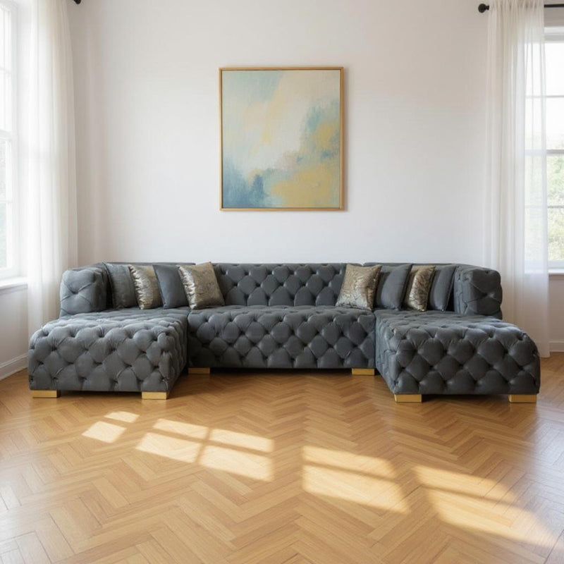 Tufted Velvet Modular U Shaped Sofa Chaise Sectional With Toss Pillows - Gray