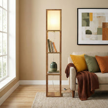 Load image into Gallery viewer, Pinnacle - Shelf Floor Lamp For Bedroom / Living Room, Long Shade - Natural Wood / White
