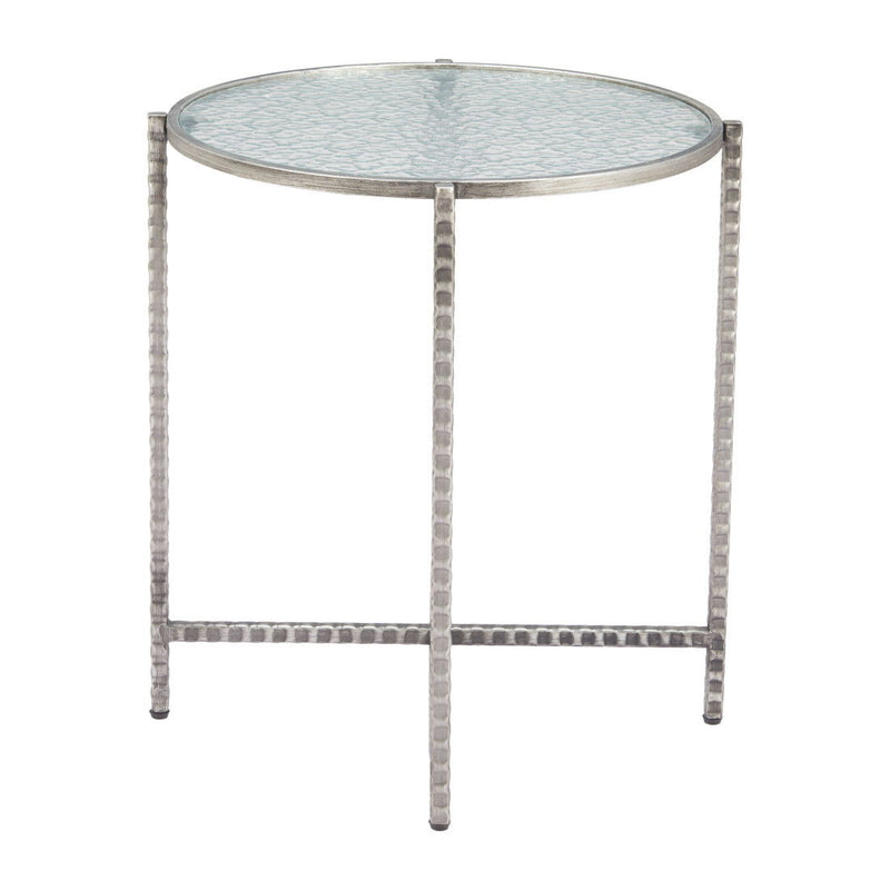 22" Clear And Glass And Distressed Steel Round End Table - Silver