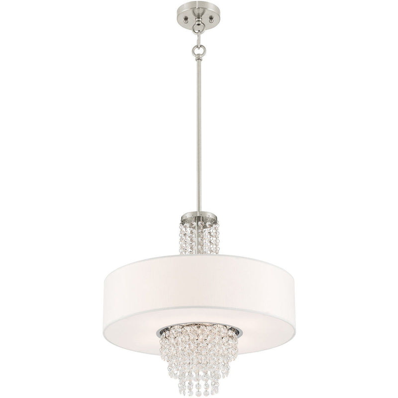 Four Light Metal Dimmable Chandelier With Shades - Nickel / Clear / Off White