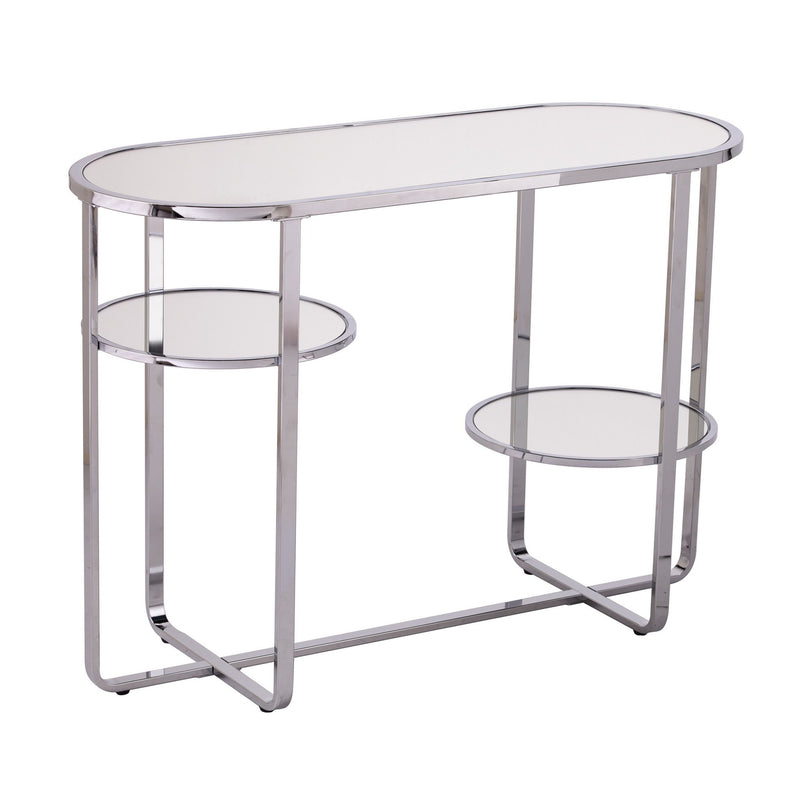 Mirrored Glass Oval Cross Console Table With Shelves - Silver