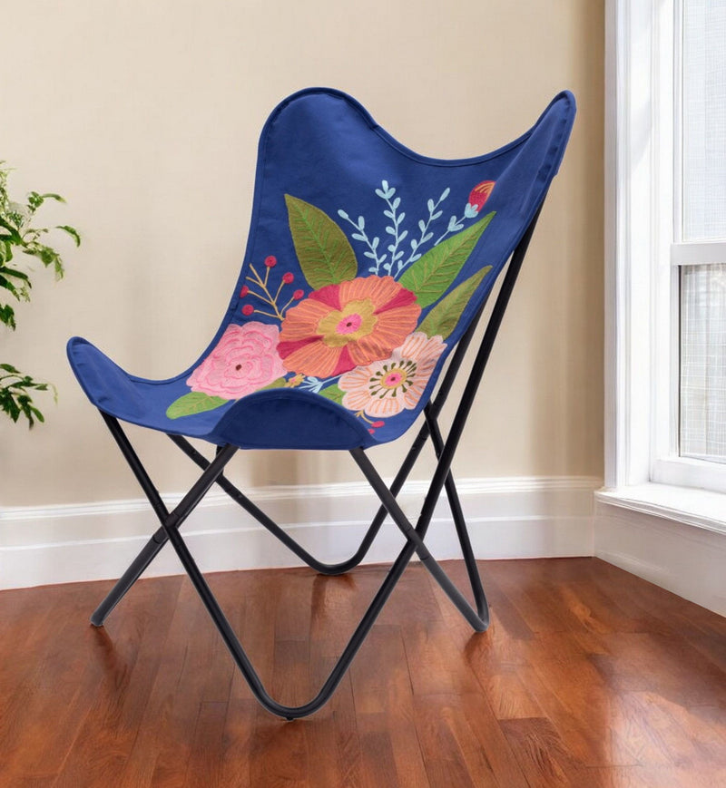 Tropical Oversized Flowers Butterfly Chair - Blue And Black