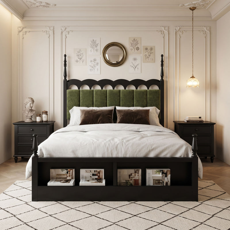 Platform Bed Frame With Tufted Upholstered Scallop Headboard