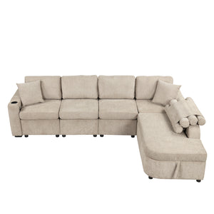 109.8"L-shaped Couch Sectional Sofa with Storage Chaise,Cup Holder and USB Ports for Living Room, Beige