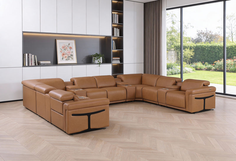 Italian Leather Power Reclining U Shaped Ten Piece Corner Sectional With Console - Chestnut