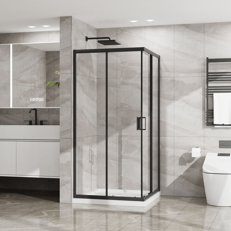 Corner Shower Enclosure, Double Sliding Door & Shower Base - Matte Black
