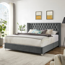 Load image into Gallery viewer, B100S King bed, Button designed Headboard,strong wooden slats + metal legs with Electroplate
