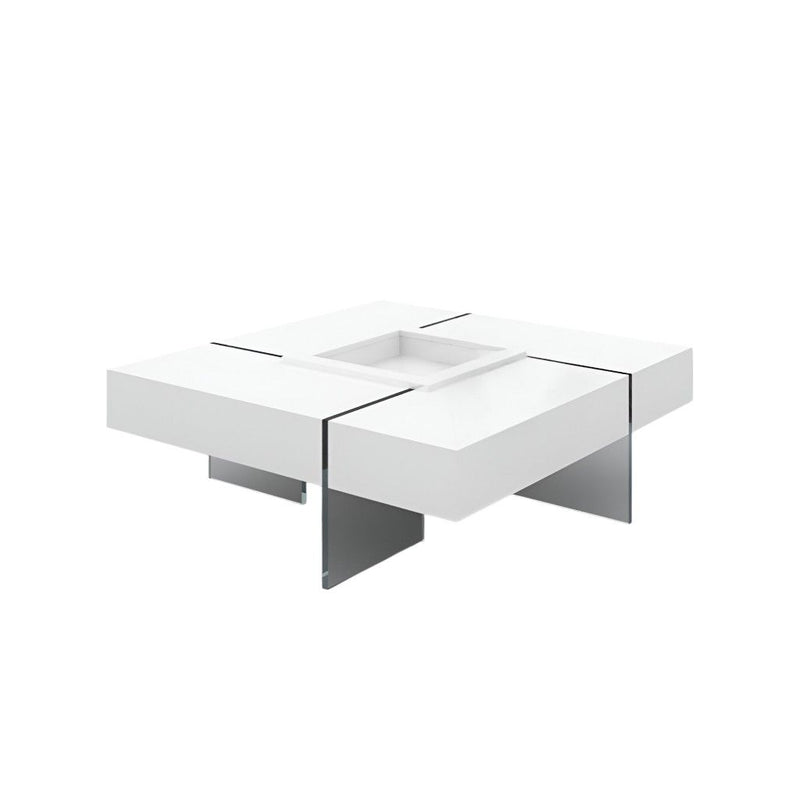 47" Wood And Glass Square Sled Coffee Table - White And Clear