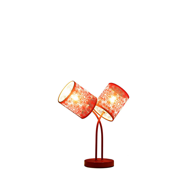 Metal Two Light Table Lamp With Red Abstract Drum Shade - Red