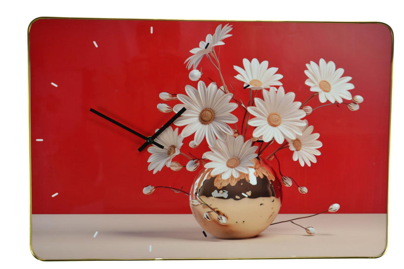 Silent Daisies Floral Wall Clock - Gold / Red / White