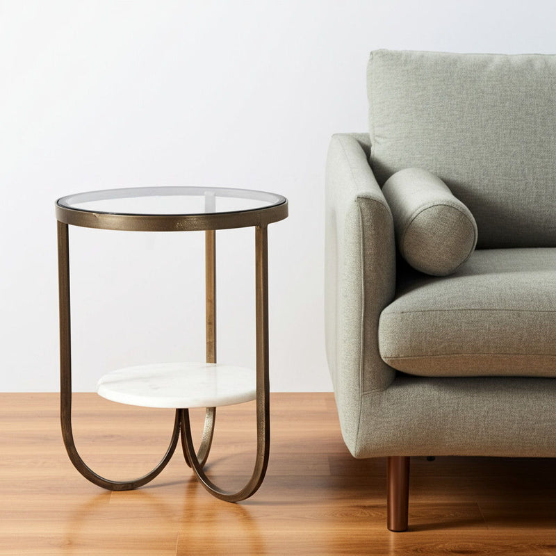 Glass Round End Table - Bronze / White