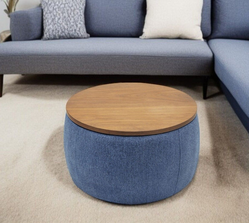 26" Fabric And Wood Reversible Tray Top Round Storage Ottoman - Navy Blue