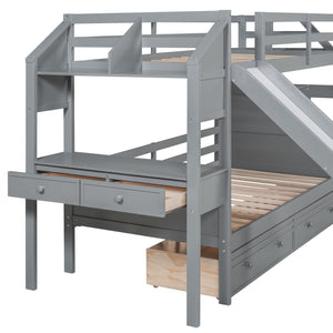 Twin over Twin Bunk Bed with Storage Staircase, Slide and Drawers, Desk with Drawers and Shelves, Gray