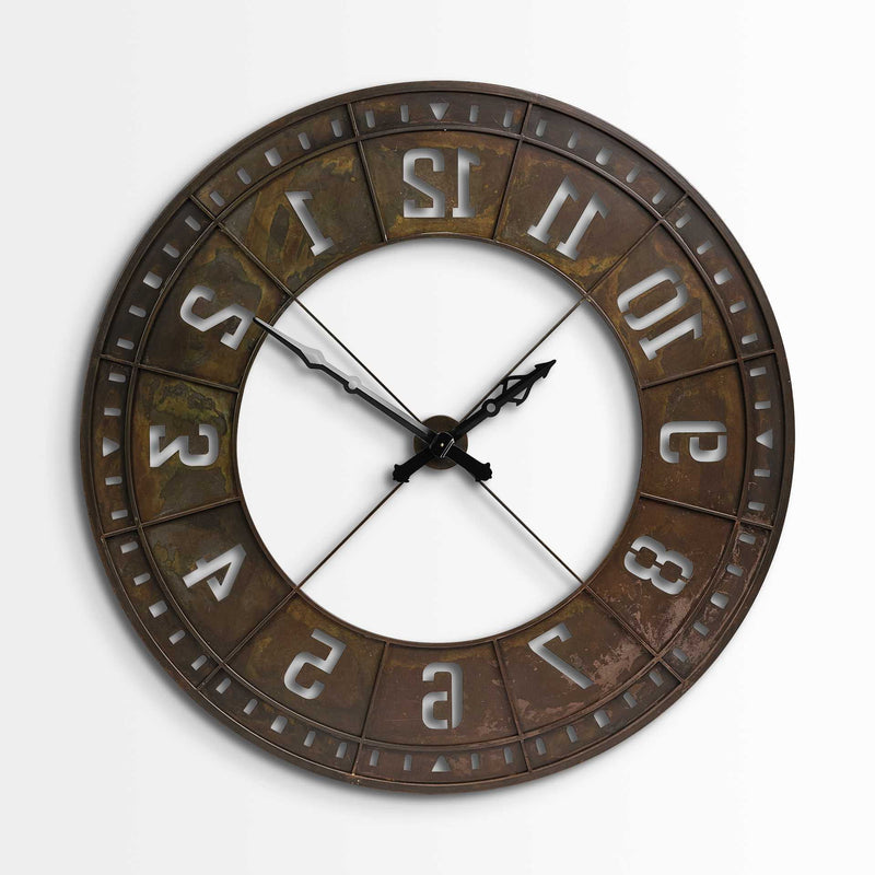 Round Industrial Wall Clock - Brown