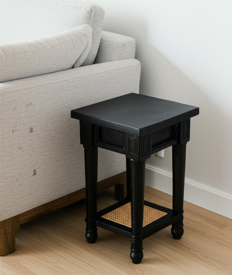 20" Solid Wood And Cane Square End Table With Shelf - Black And Natural
