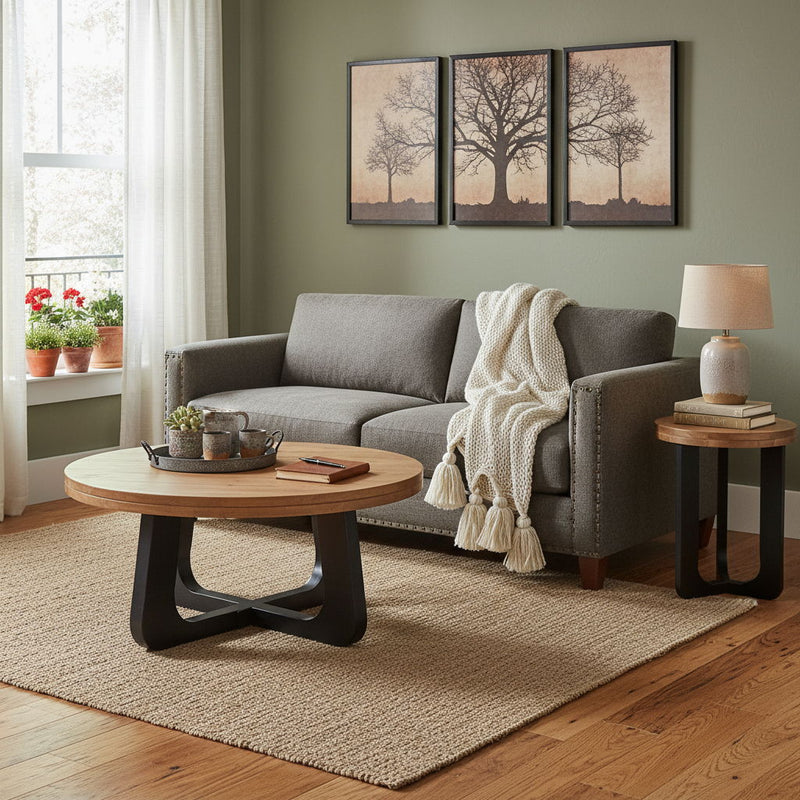 Solid Wood Iron Round Cross Legs Coffee Table (Set of 2) - Natural / Black