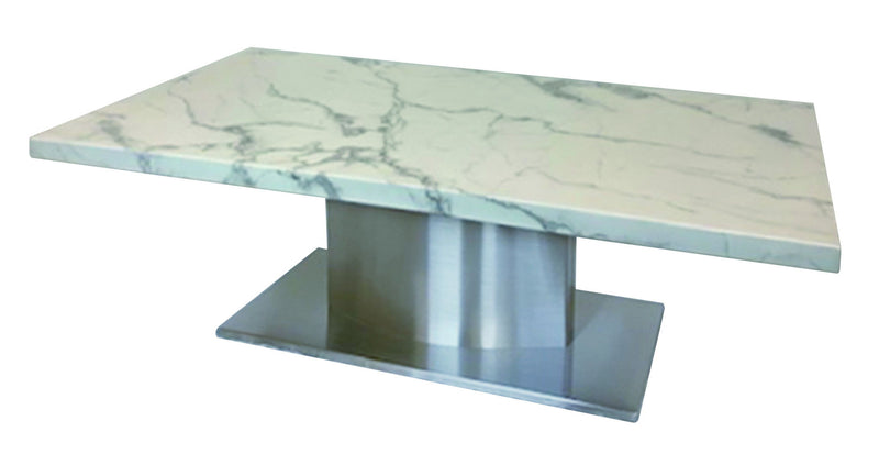 51" Genuine Marble And Stainless Steel Pedestal Coffee Table - White And Silver