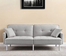 Load image into Gallery viewer, Polyester Blend Convertible Futon Sleeper Sofa And Toss Pillows With Silver Legs - Light Gray
