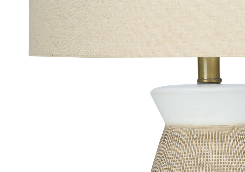 Ceramic Round Table Lamp With Beige Drum Shade - Brown And White