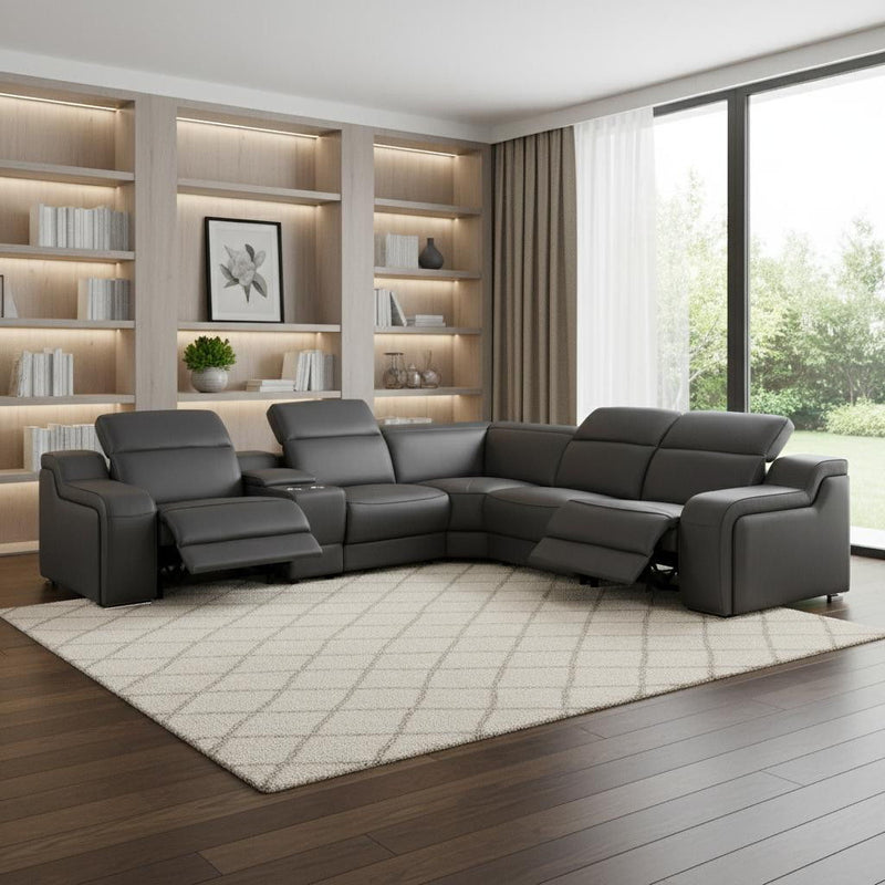 Italian Leather Power Reclining L Shaped Six Piece Corner Sectional With Console - Dark Gray