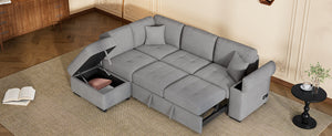 Sleeper Sectional Sofa, L-Shape Corner Couch Sofa-Bed with Storage Ottoman & Hidden Arm Storage & USB Charge  for Living Room Apartment, Gray