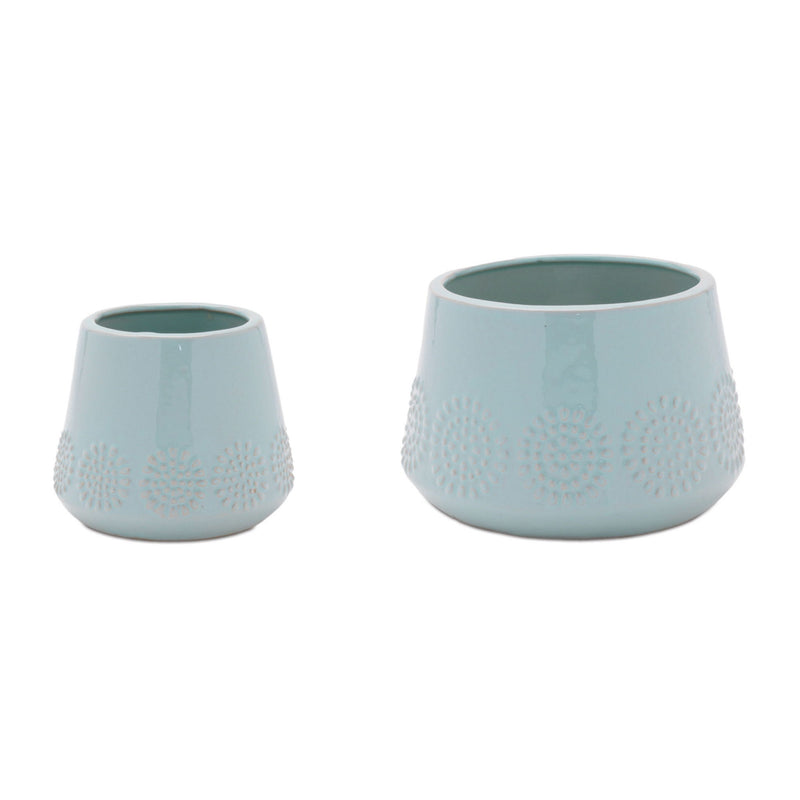 Geometric Round Pot Planters (Set of 2) - Blue