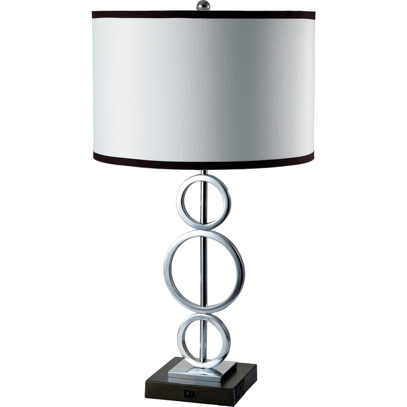 Metal Bedside Geo Table Lamp With White And Black Trim Classic Drum Shade - Silver