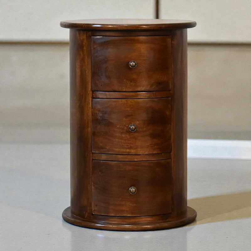 Solid Wood Round Three Drawer Nightstand - Chestnut