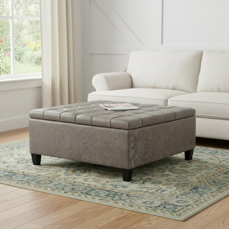 Transitional Leather Cocktail Ottoman With Storage - Gray / Espresso