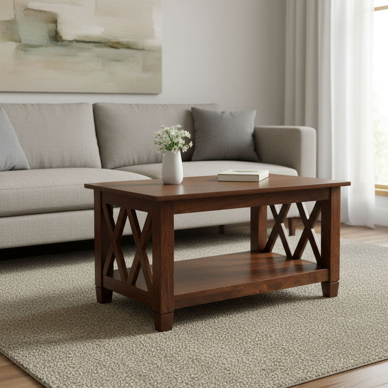 32" Solid Wood Floor Shelf Coffee Table With Shelf - Chestnut