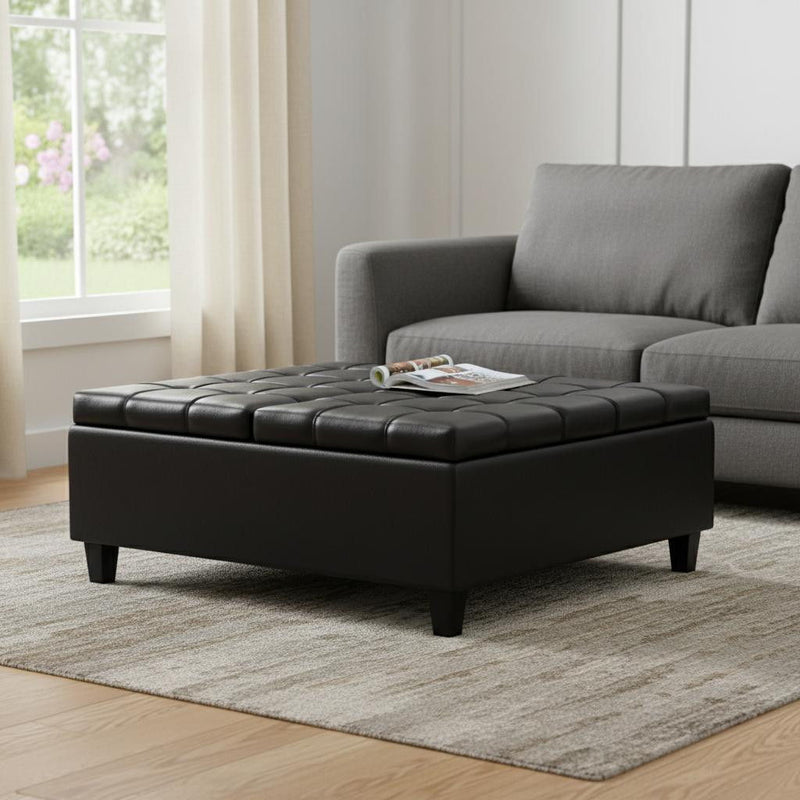 40" Leather Cocktail Ottoman With Storage - Black