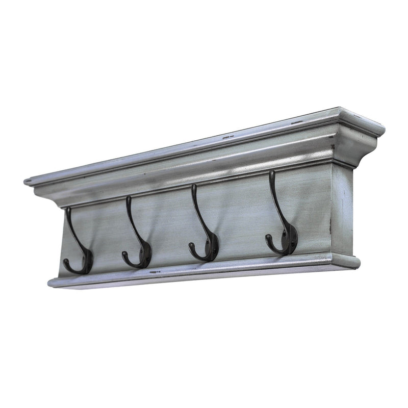 28" Solid Wood Four Hook Wall Mount Coat Rack - Black / Blue