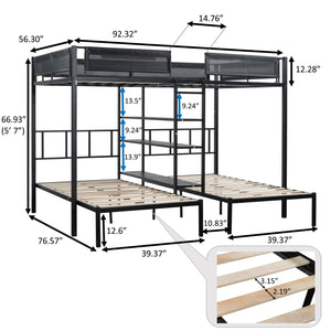 Metal Full over Twin Beds with Shelves/ Sturdy Metal Frame/ Noise-Free Wood Slats/ Comfortable Textilene Guardrail/ Bunk Bed for Three/ Built-in 3-Tier Shelves/ No Box Spring Needed