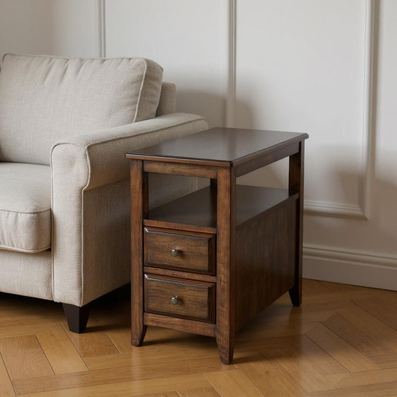Distressed End Table With Two Drawers And Shelf - Brown