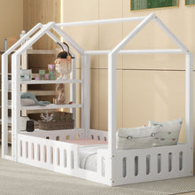 Load image into Gallery viewer, Twin Size Wood House Bed with Fence and Detachable Storage Shelves, White
