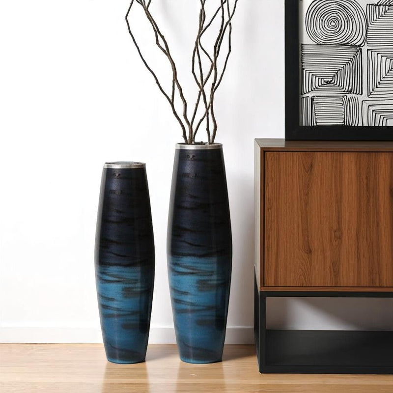 Abstract Cylinder Floor Vases (Set of 2) - Black / Blue
