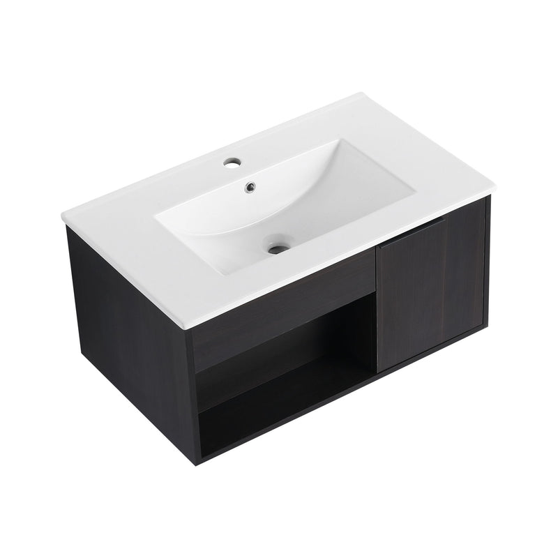Wall Mounted Floating Bathroom Vanity With Open Shelf & Soft Close Door