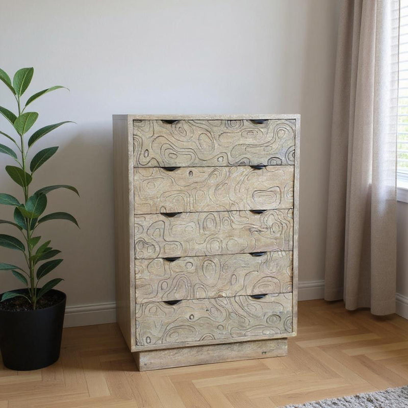 35" Carved Abstract Solid Wood Five Drawer Dresser - White