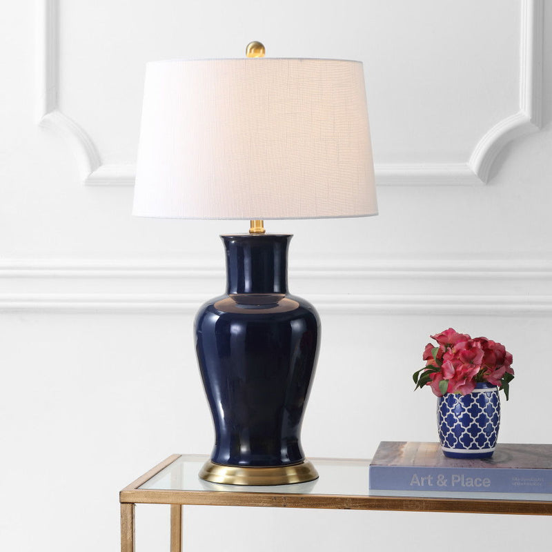 Urn Bedside Lamp With Drum Shade - Navy Blue / Gold / White